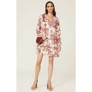 Great Jones Shirred Long Sleeve Floral Dress Off White Red Women's Size Small